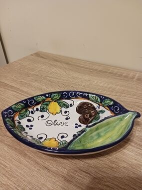 Hand-Painted Olive Dish in Blue, Yellow & Green